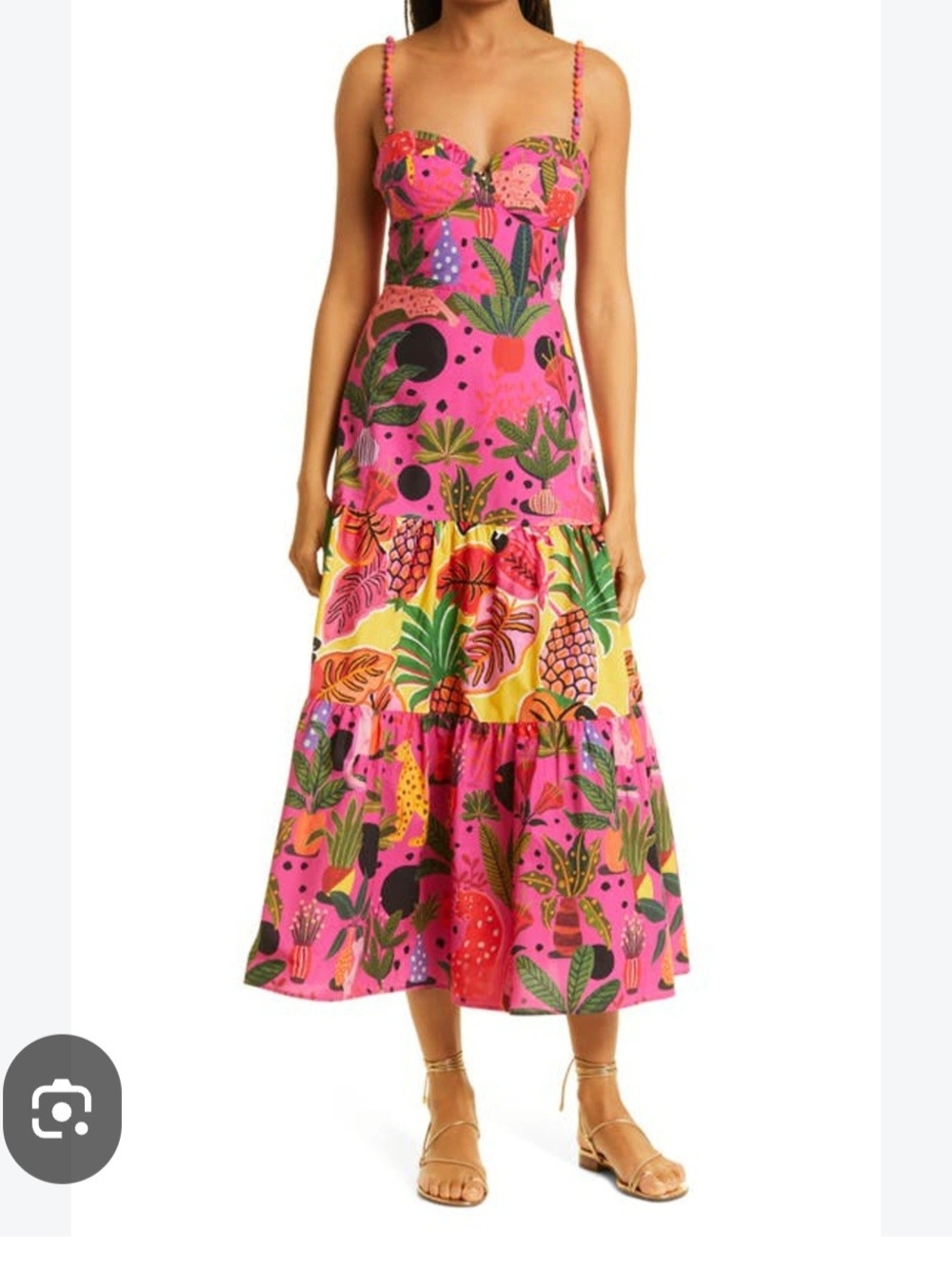 FARM Rio Pink Pop Leapard Tropical Print Tiered Midi Dress Small